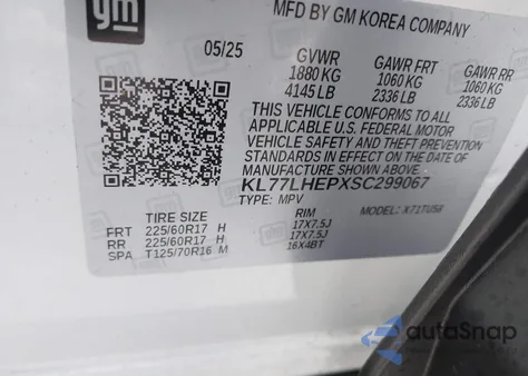 2025 Chevrolet Trax Fwd Lt из США, поврежденный, VIN KL77LHEPXSC299067